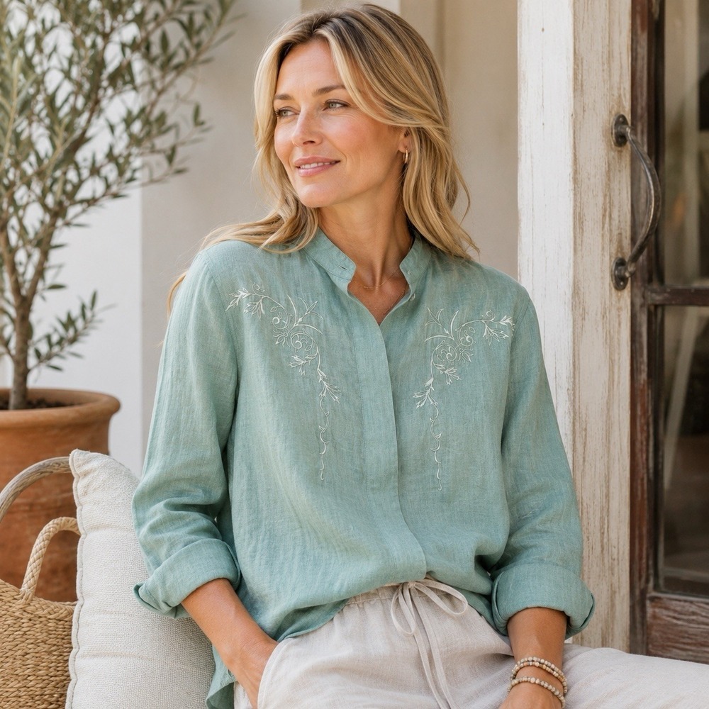 Anne Pinkerton 100% Linen Seafoam Green Embroidered Button Down Blouse Coastal L
